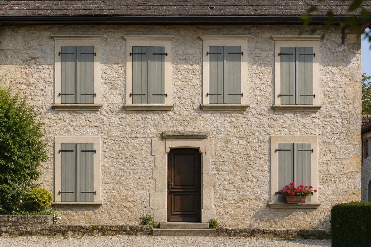 Façade en pierre claire d&rsquo;une maison gessienne aux volets de bois fermés