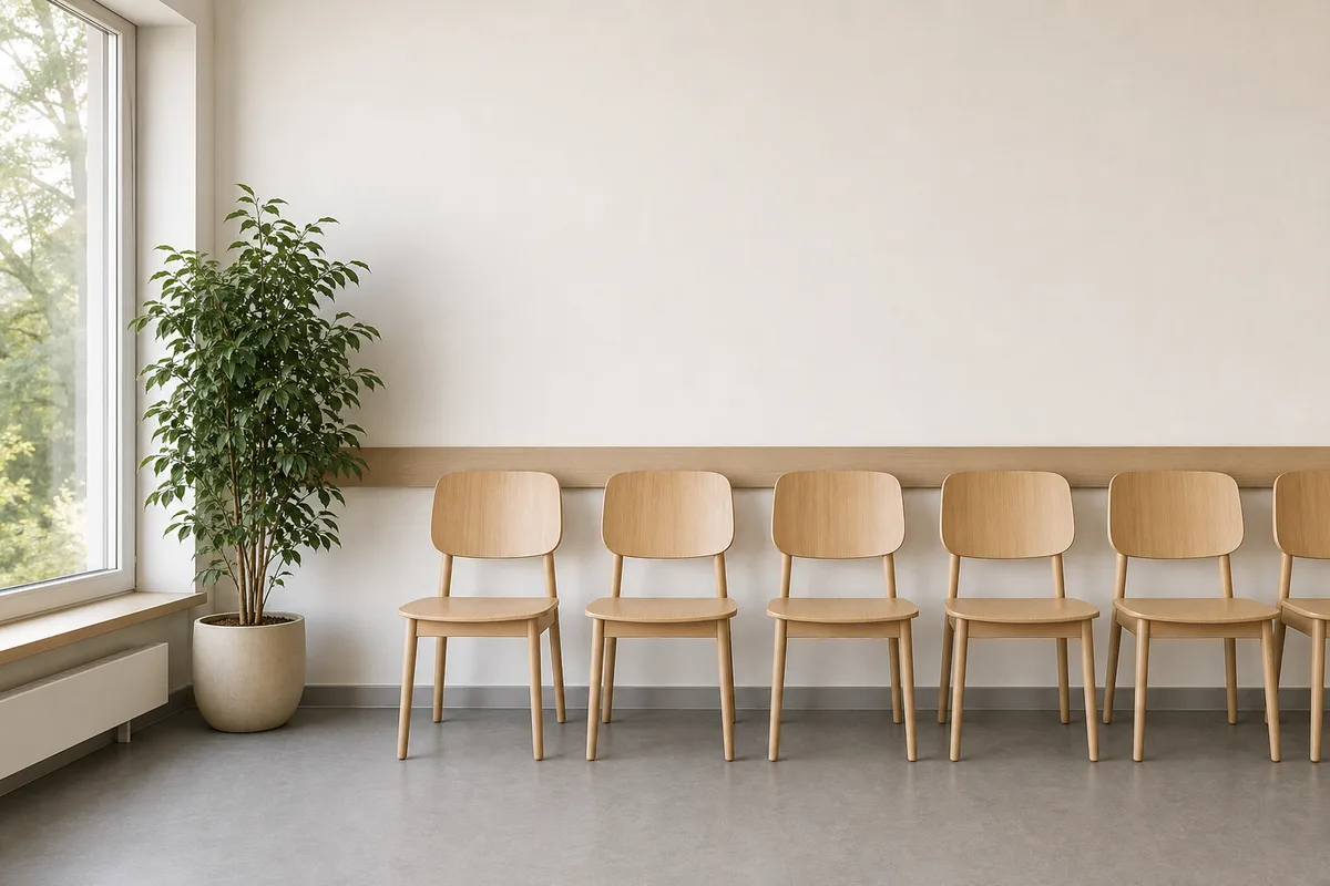 Salle d&rsquo;attente vide avec chaises alignées le long d&rsquo;un mur clair et grande fenêtre