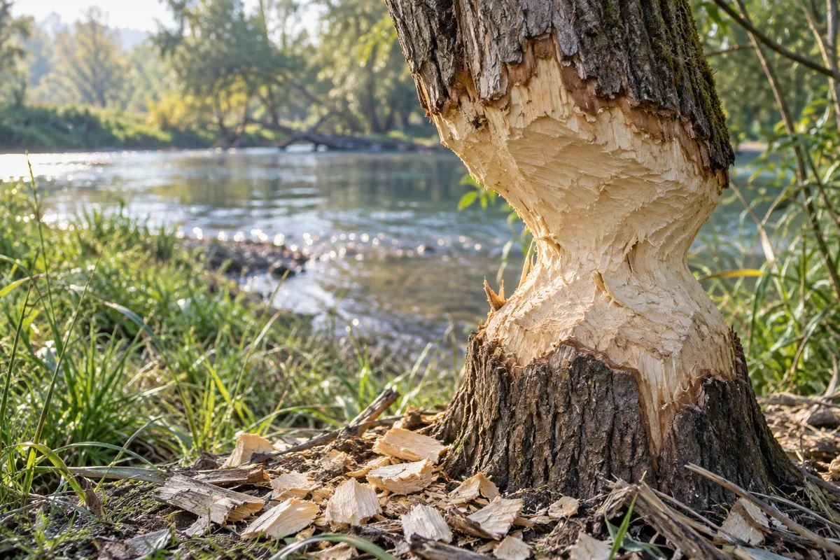 Tronc de saule taillé en pointe par un castor au bord d&rsquo;une rivière claire