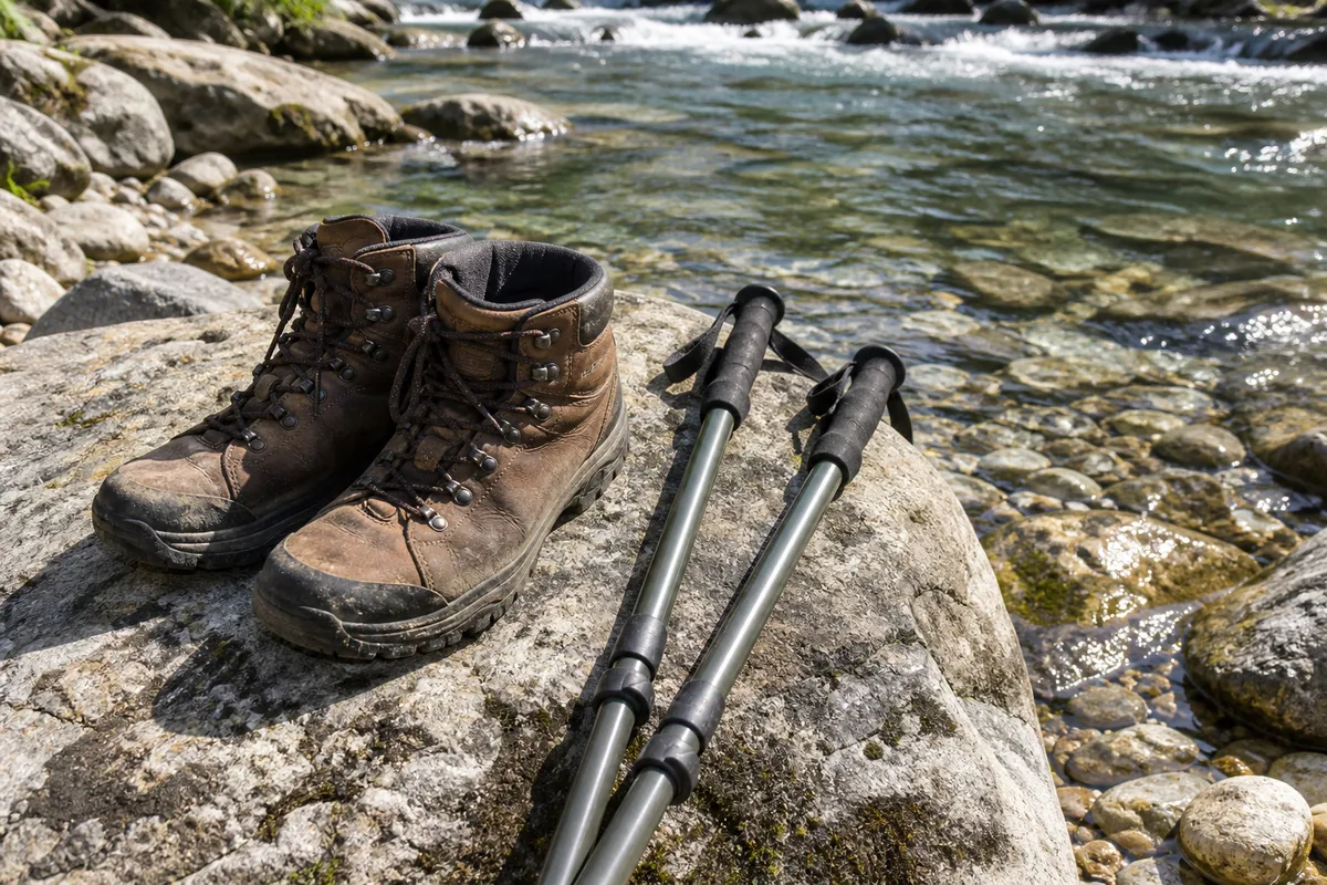 Chaussures de marche et bâtons posés sur une pierre au bord d&rsquo;une rivière