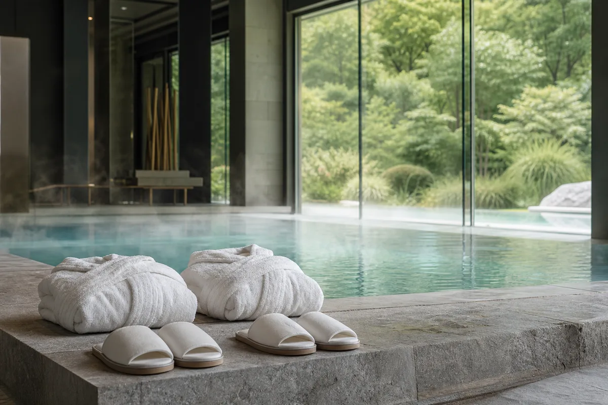 Bassin intérieur d’un spa thermal avec deux peignoirs posés sur le rebord