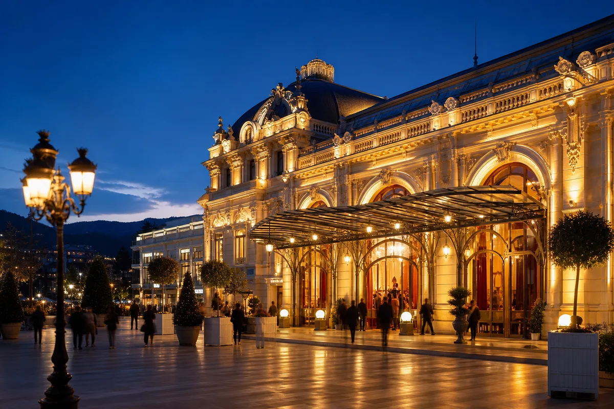 Façade d’un casino de station thermale illuminée à la tombée de la nuit