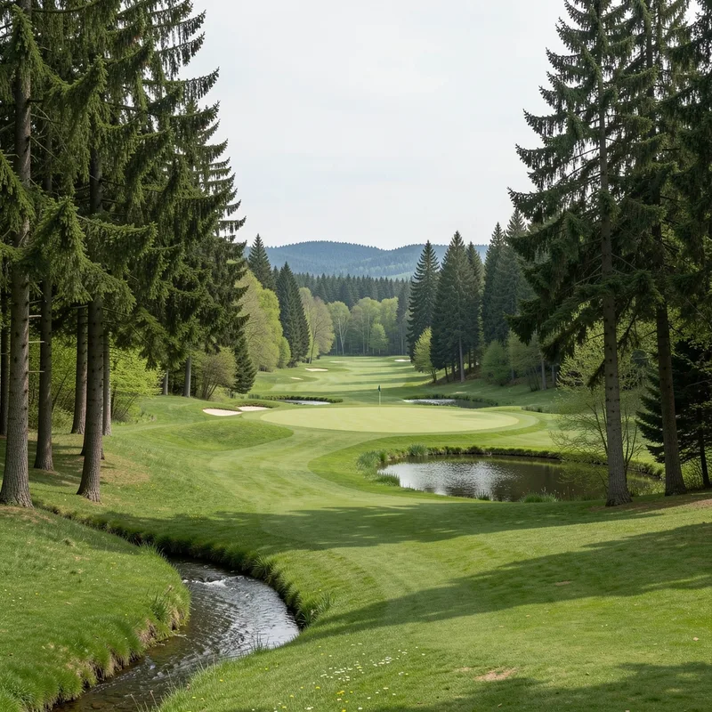 Fairway de golf bordé de grands conifères avec une chaîne de montagnes boisée en arrière-plan