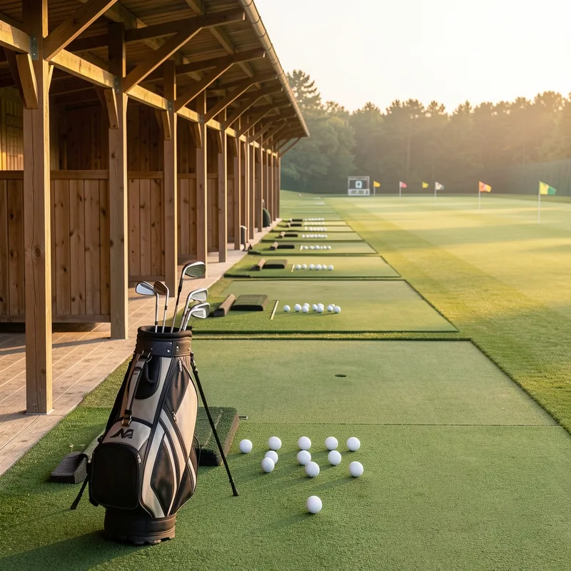Sac de golf posé sur un practice, alignement de tapis de frappe et cibles au loin