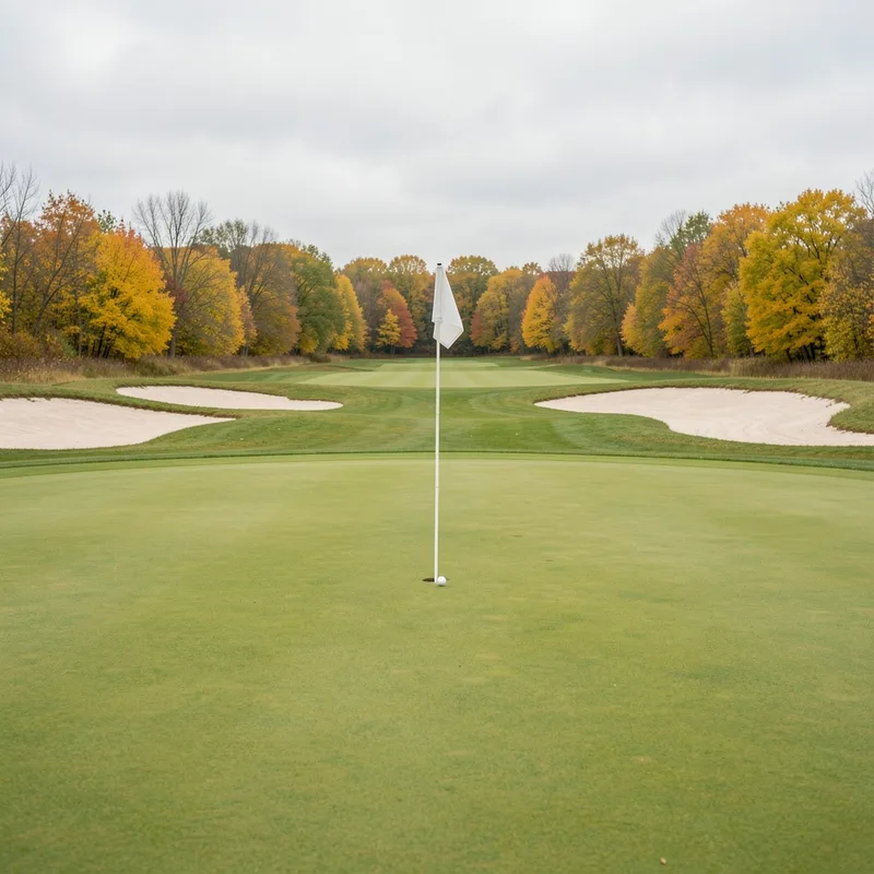 Green de golf entouré de bunkers de sable clair, drapeau planté au centre par temps couvert