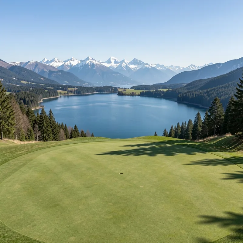 Panorama d’un lac alpin depuis un fairway en pente douce, montagnes enneigées à l’horizon