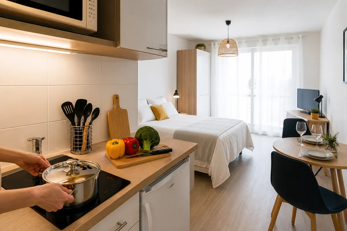 Studio meublé lumineux avec coin cuisine équipé, préparé pour un séjour curiste de longue durée à Divonne-les-Bains
