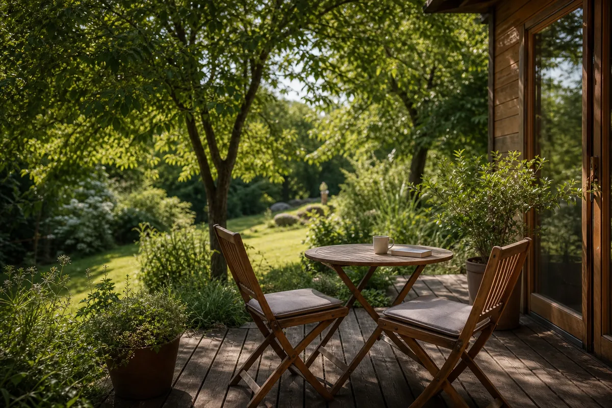 Terrasse d&rsquo;un logement de vacances entouré de verdure dans le Pays de Gex, ambiance calme propice au repos entre les soins