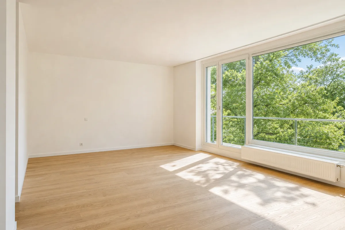 Séjour vide d&rsquo;un appartement lumineux au parquet clair, grande baie vitrée ouverte sur des arbres