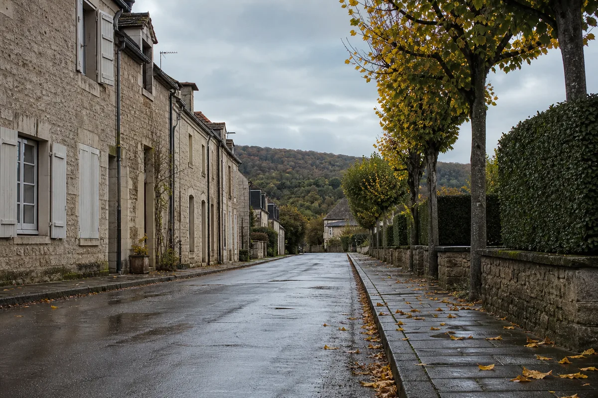 Rue résidentielle calme bordée de maisons de pierre et de haies taillées, crête du Jura à l&rsquo;horizon