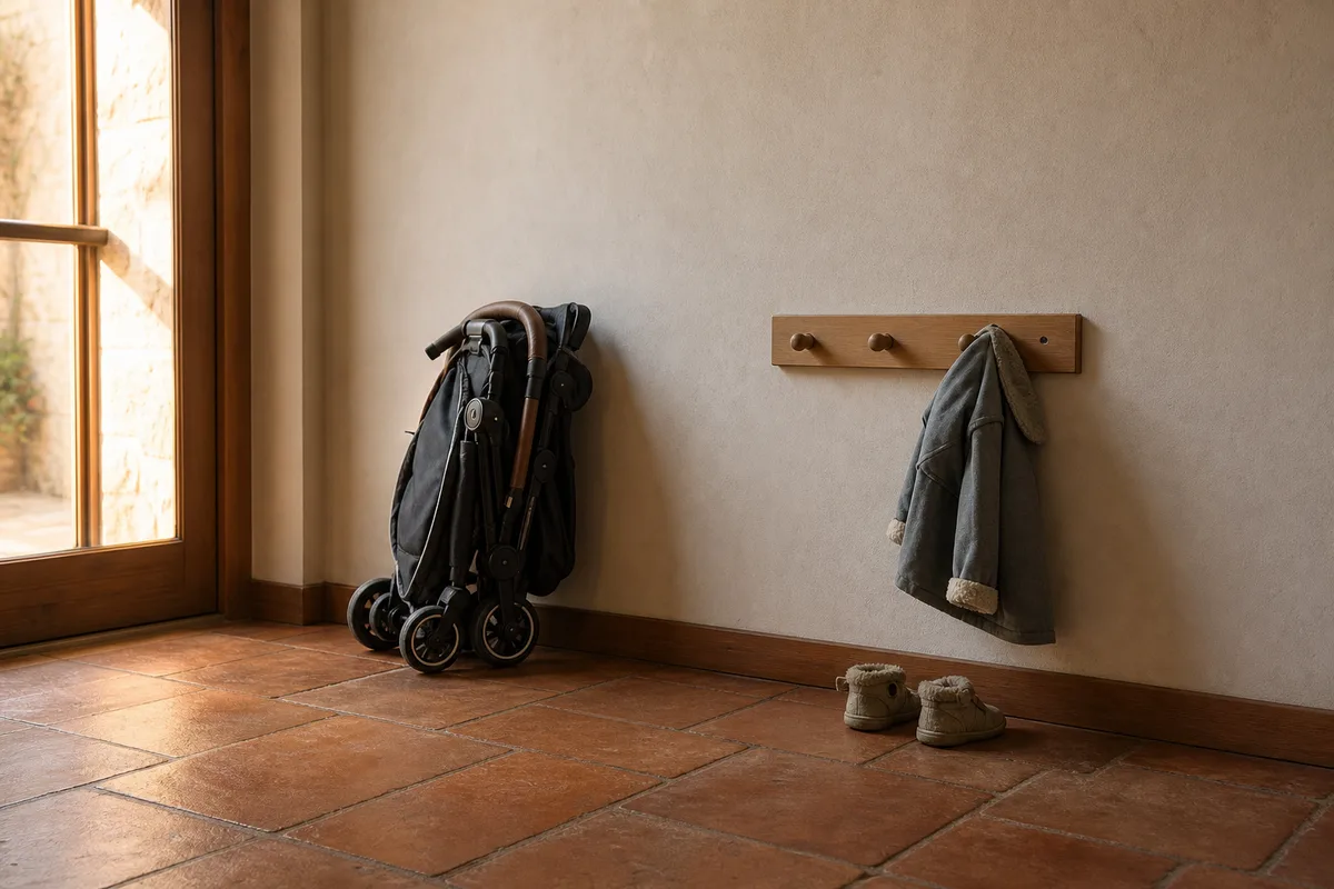 Entrée de maison avec poussette pliée, chaussons d&rsquo;enfant et patères basses en bois