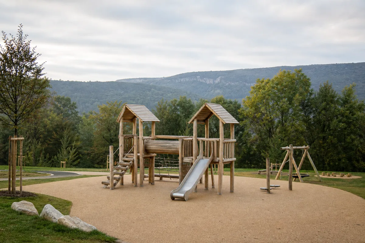 Aire de jeux en bois d&rsquo;un parc de village au pied des reliefs boisés du Jura