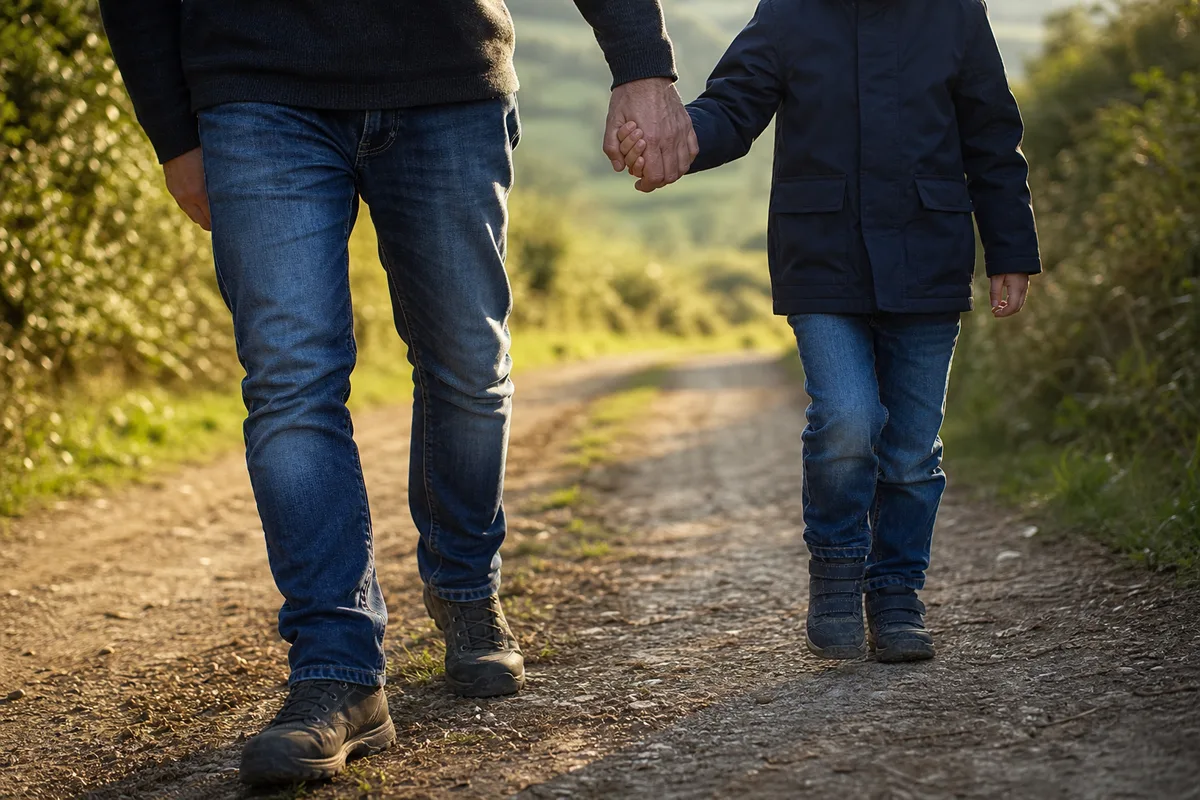 Main d&rsquo;un adulte tenant celle d&rsquo;un jeune enfant sur un chemin bordé de haies