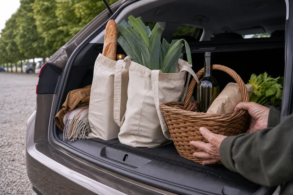 Sacs de courses en toile chargés dans le coffre ouvert d&rsquo;une voiture sur un parking bordé d&rsquo;arbres
