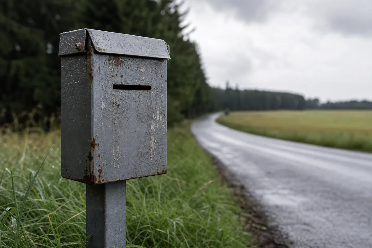 Boîtier métallique de dépôt fixé sur un poteau au bord d&rsquo;une route de campagne près de la frontière