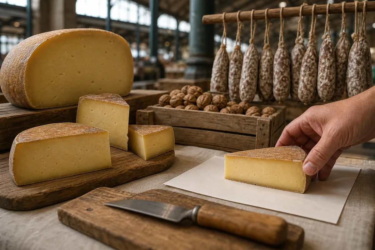 Étal de fromages de montagne et de charcuterie sèche sur un marché couvert du Pays de Gex