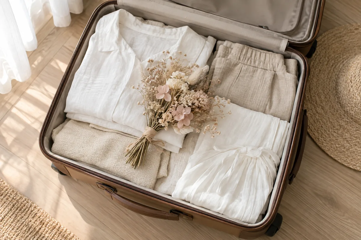Valise ouverte avec vêtements légers et bouquet de mariée séché posé dessus