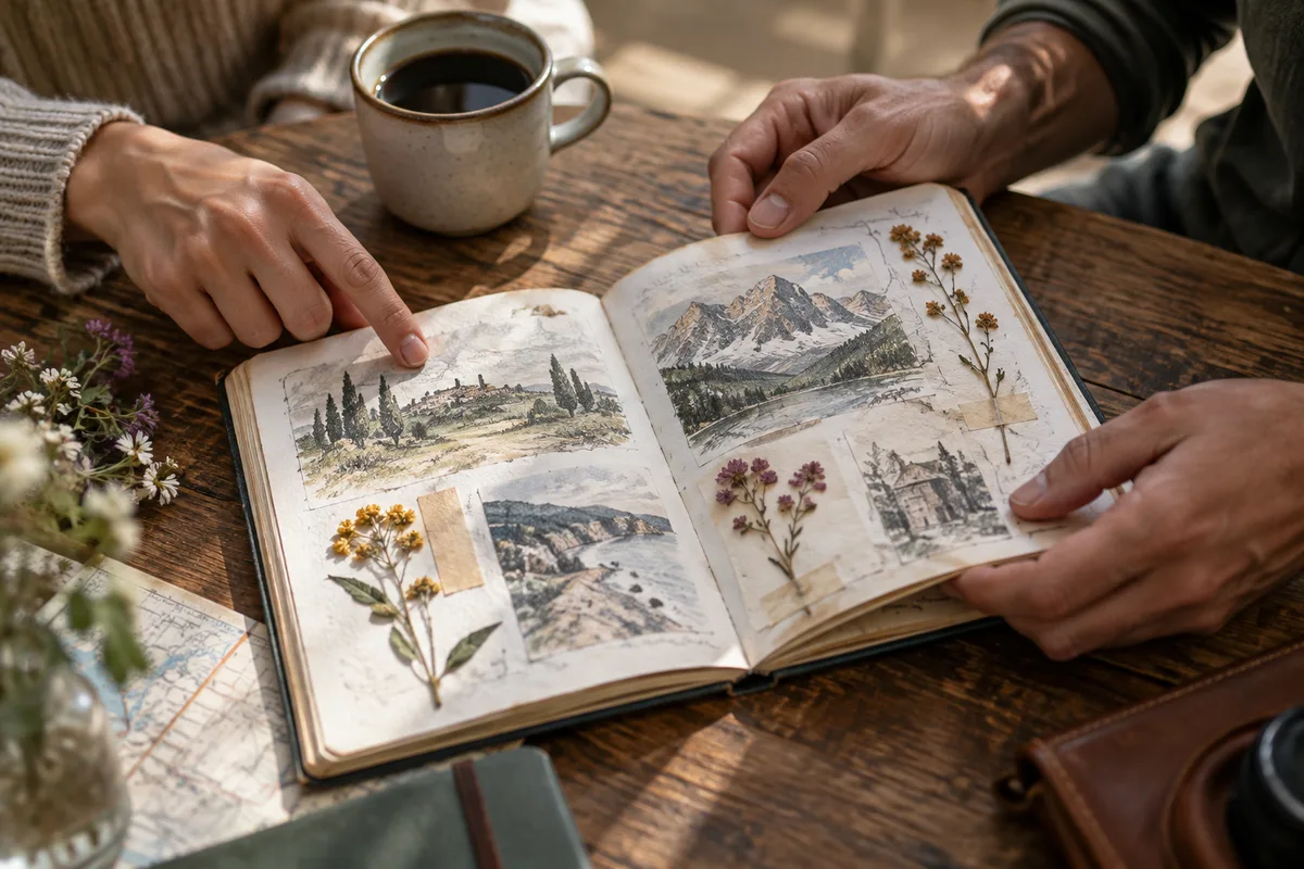 Mains d’un couple feuilletant un carnet de voyage sur une table en bois
