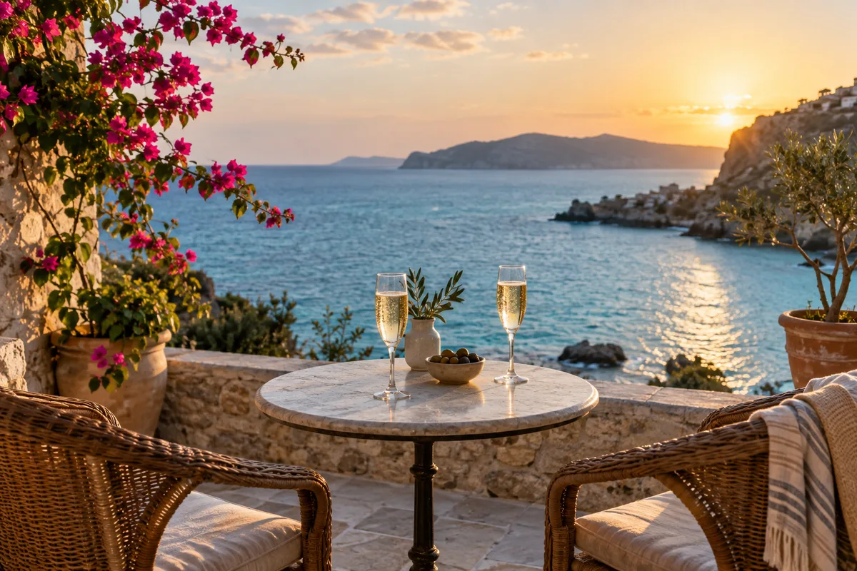 Terrasse d’hôtel face à la mer avec deux verres posés sur une table