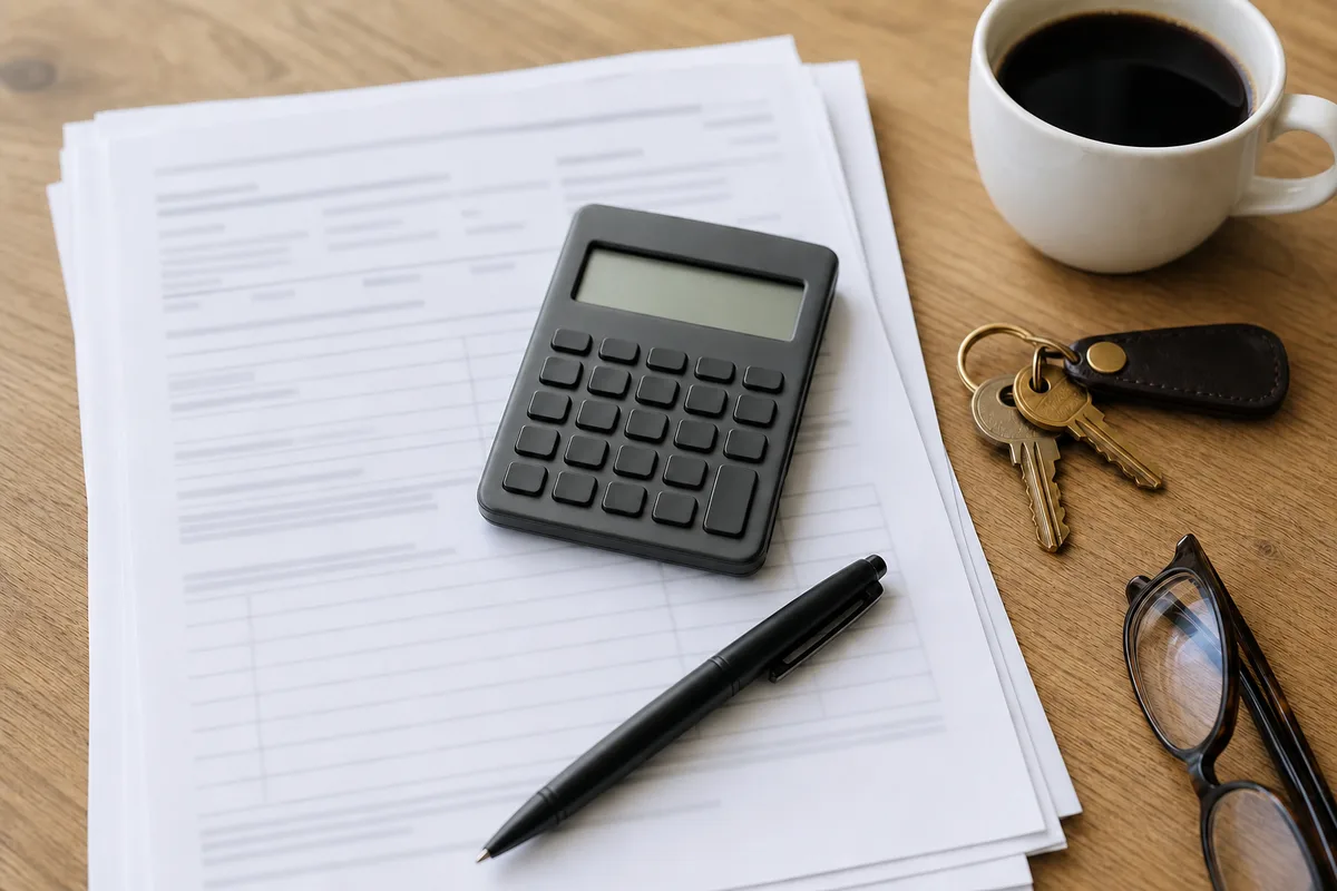 Documents de prêt immobilier, calculatrice et clés posés sur une table de bureau