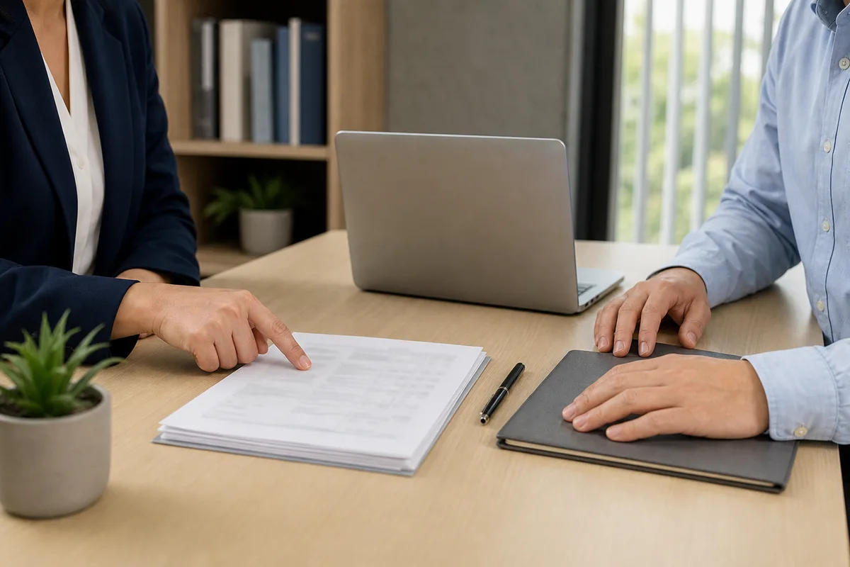 Rendez-vous bancaire autour d’un dossier de financement immobilier posé sur un bureau