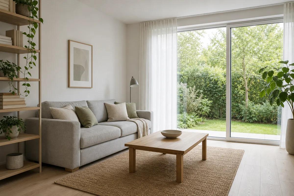 Salle de séjour lumineuse d’un appartement familial récent avec vue sur un jardin