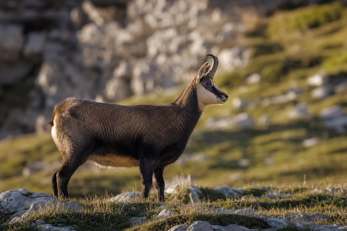 Chamois immobile sur une pelouse d’altitude rocheuse du massif jurassien