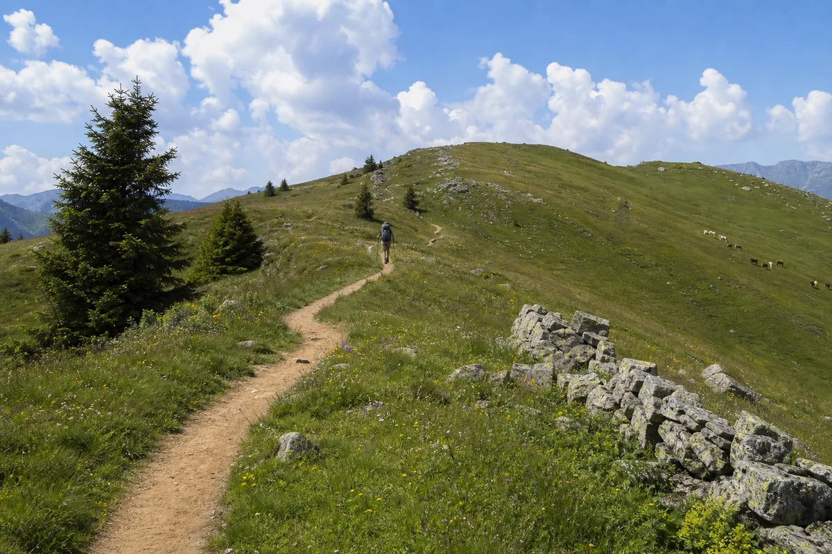 Sentier de randonnée balisé traversant un alpage jurassien en été
