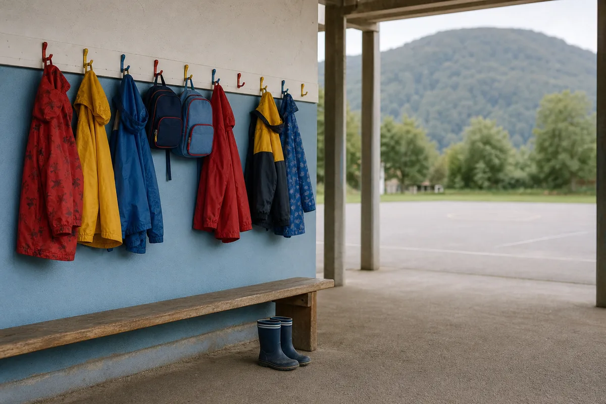 Cour de récréation d’une école primaire au pied du massif du Jura, cartables et manteaux accrochés sous un préau