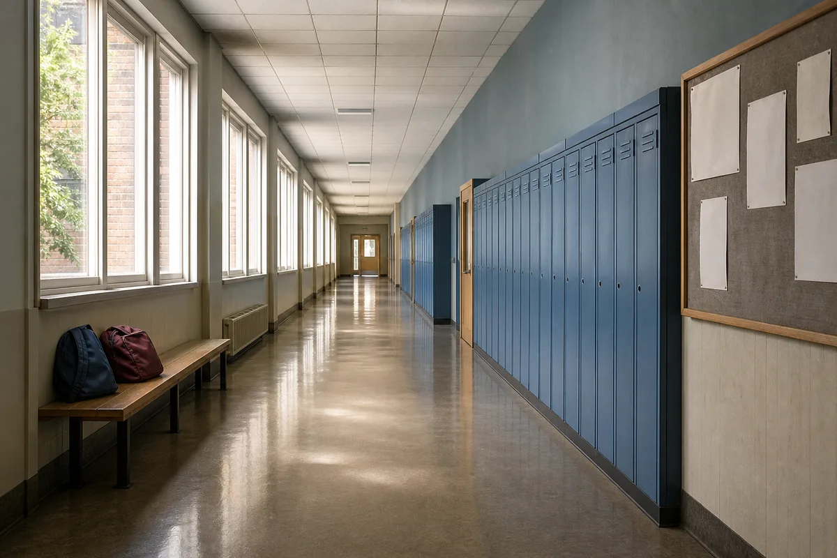 Rangée de cartables et de manteaux dans le couloir clair d’un collège français