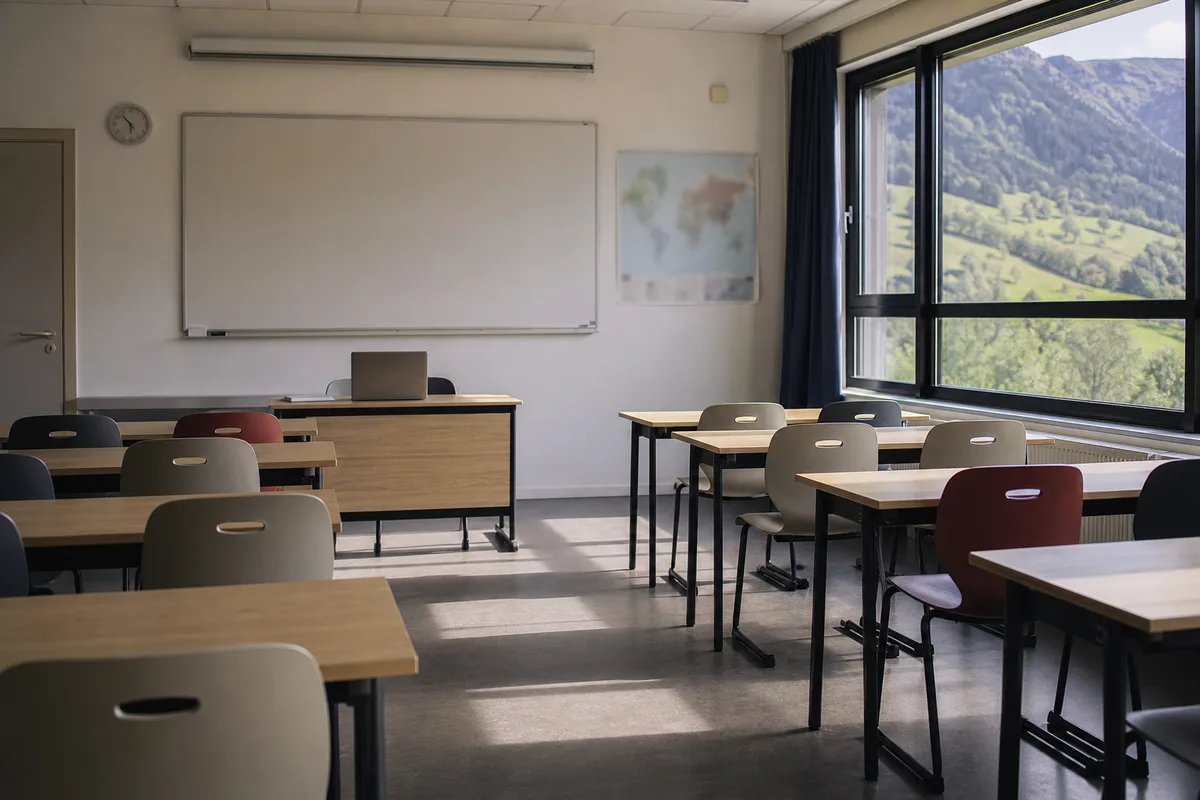 Salle de classe française lumineuse avec pupitres alignés et tableau blanc, vue sur le Jura par la fenêtre