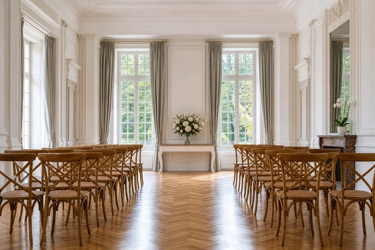 Salle des mariages vide avec chaises en bois, parquet ciré et hautes fenêtres