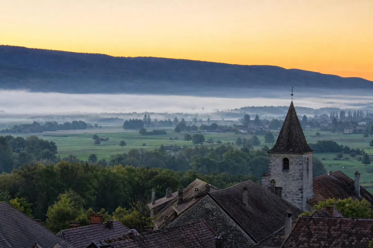 Toits de tuiles et clocher d un village du pays de Gex devant la crête du Jura
