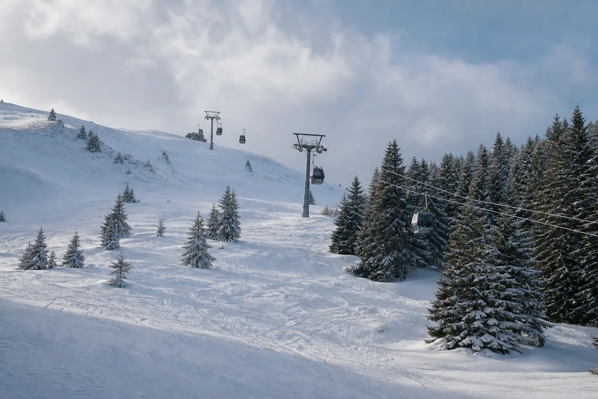Pistes de ski enneigées d&rsquo;un col du Jura au-dessus d&rsquo;une mer de nuages, avec la chaîne des Alpes à l&rsquo;horizon