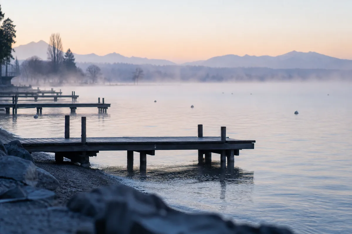 Rive sud du lac Léman au petit matin avec pontons de bois et brume sur l&rsquo;eau