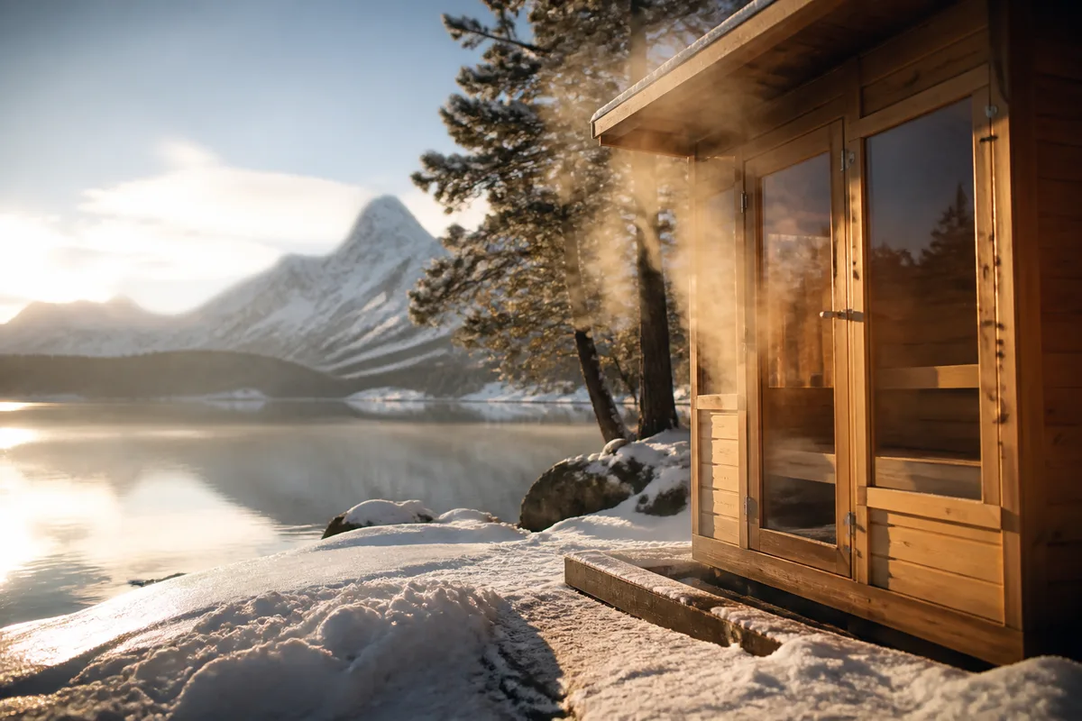 Sauna en bois face à un lac de montagne en hiver, vapeur et lumière rasante