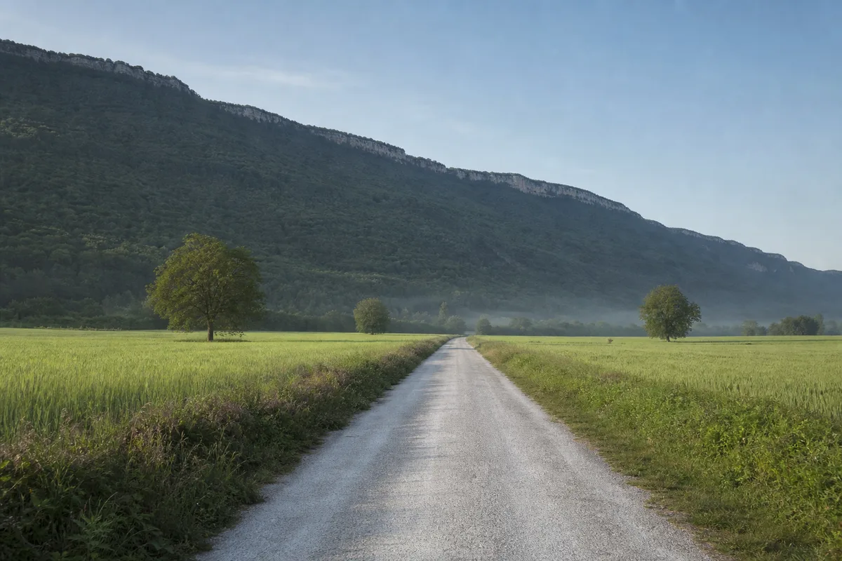 Petite route de campagne plate traversant des champs avec la chaîne du Jura en arrière-plan
