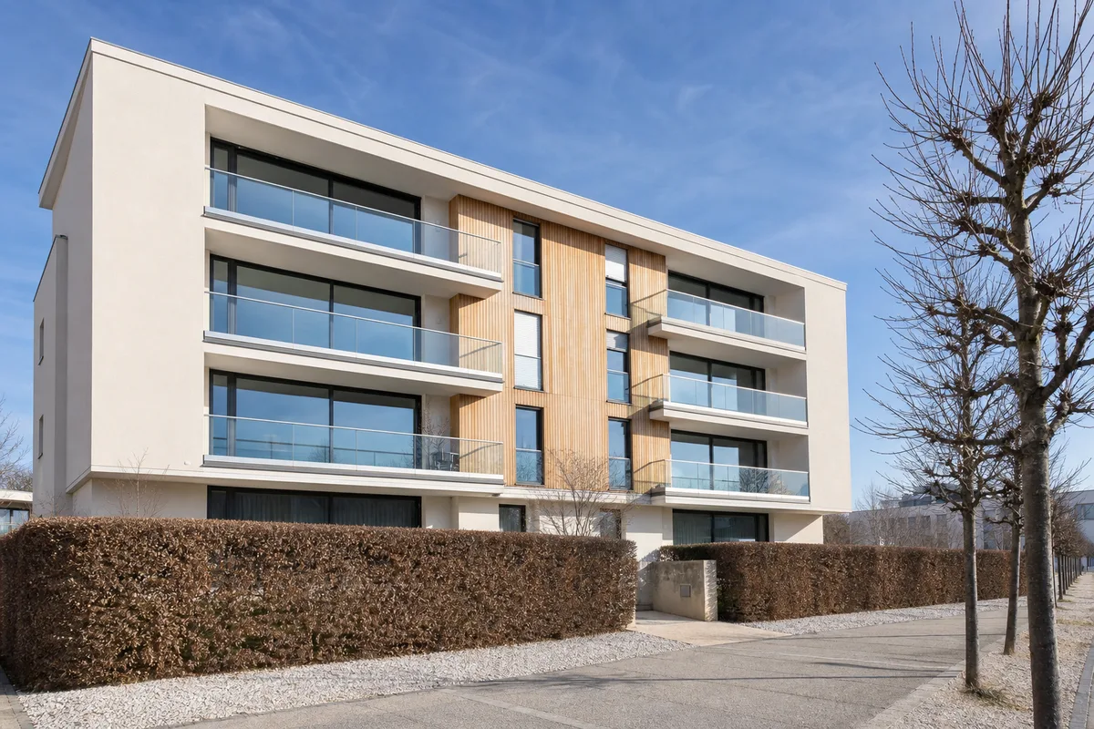 Façade d&rsquo;un petit immeuble résidentiel contemporain avec balcons filants et haie taillée