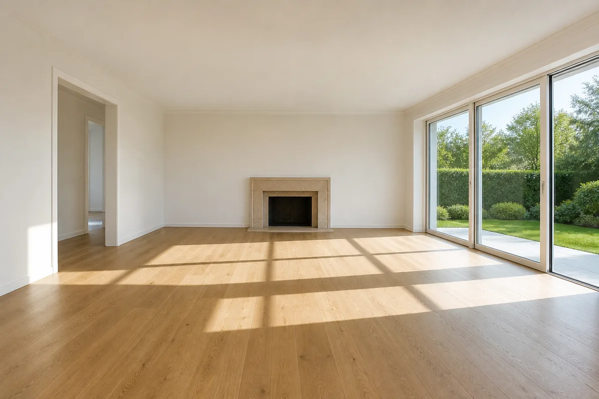 Salon vide et lumineux avec parquet clair, mur nu et grande baie donnant sur un jardin