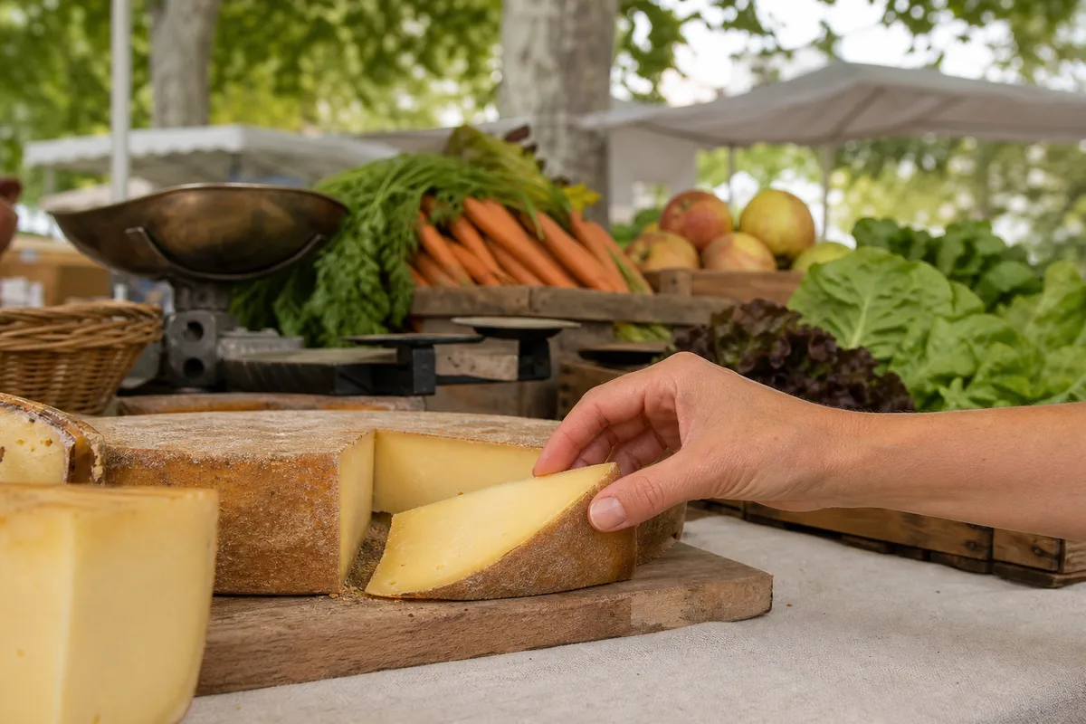 Étal de fromages et de légumes de producteur sur un marché de plein air en pays de Gex