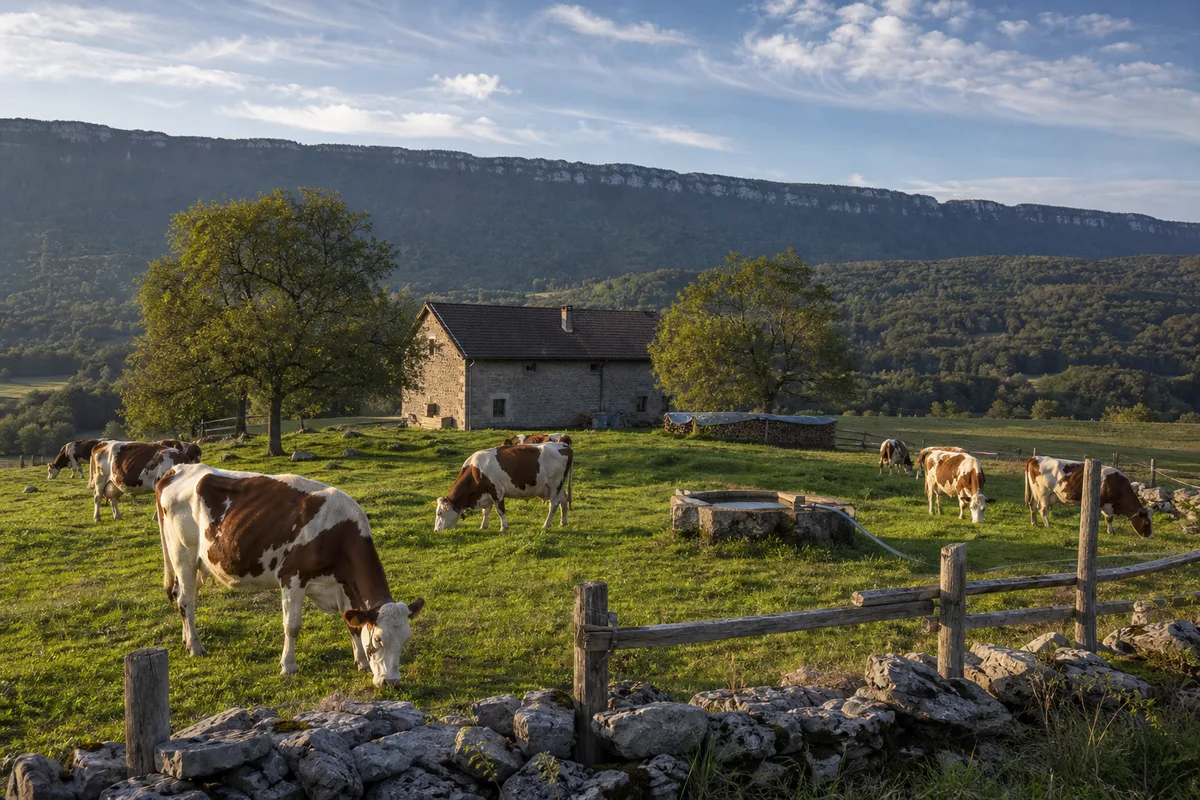 Pâturage et ferme en pierre du pays de Gex au pied de la ligne de crête du Jura